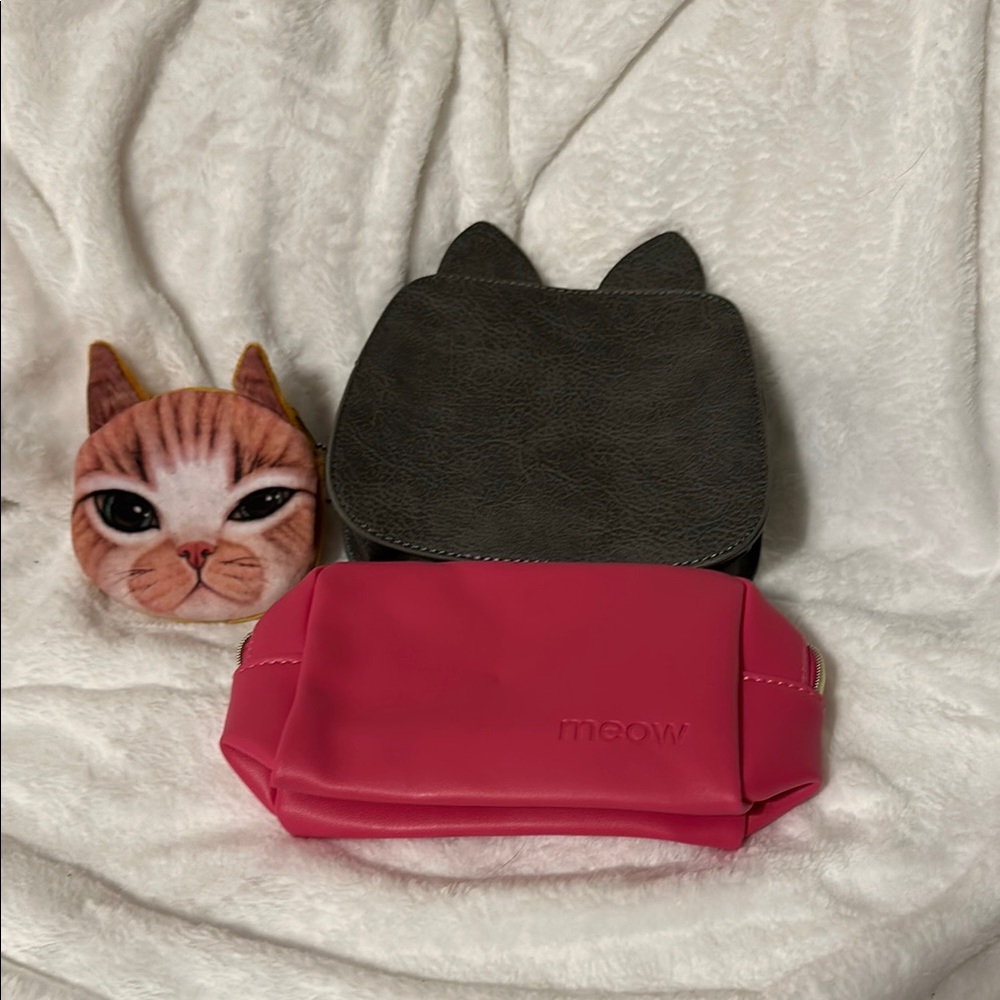 Cat Lady Meow Pink Cosmetic Bag and Gray Cat Ear Bag Bundle